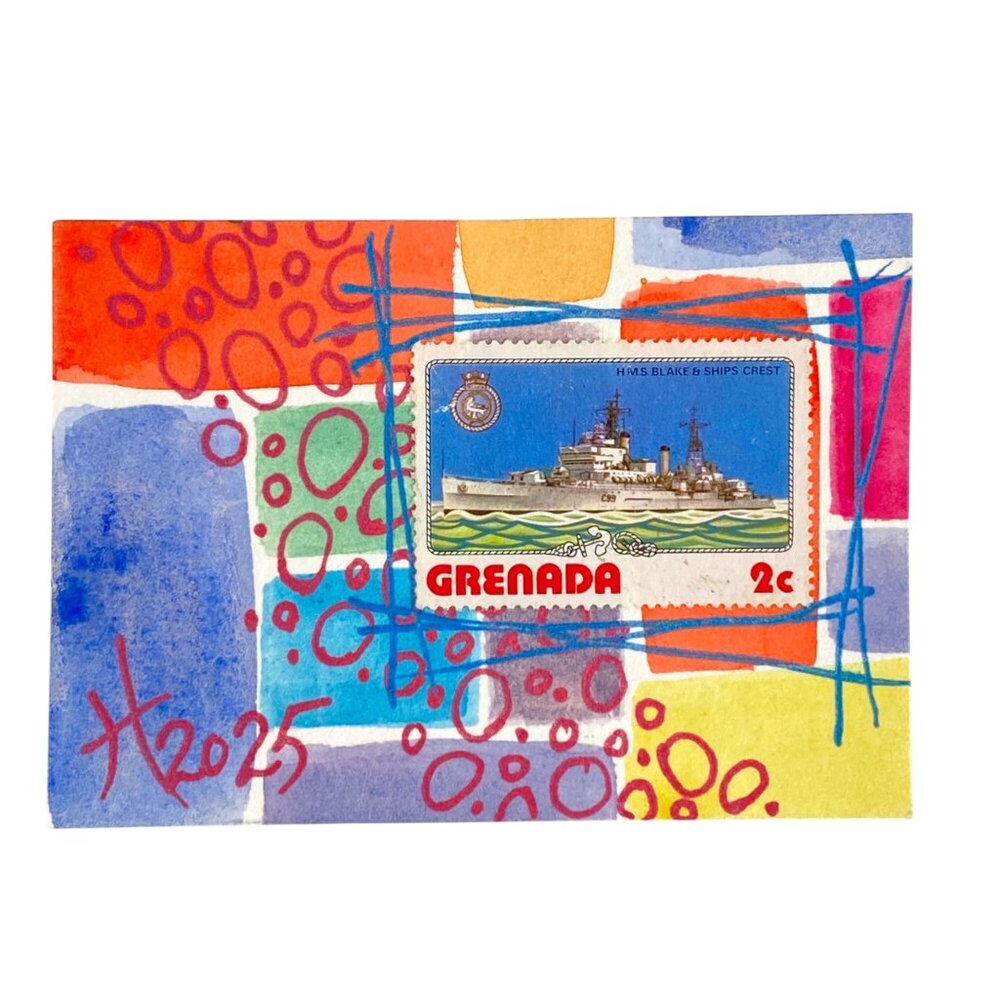 ACEO Original Art Watercolor 1976 Grenada HMS Blake Warship Postage Stamp ATC